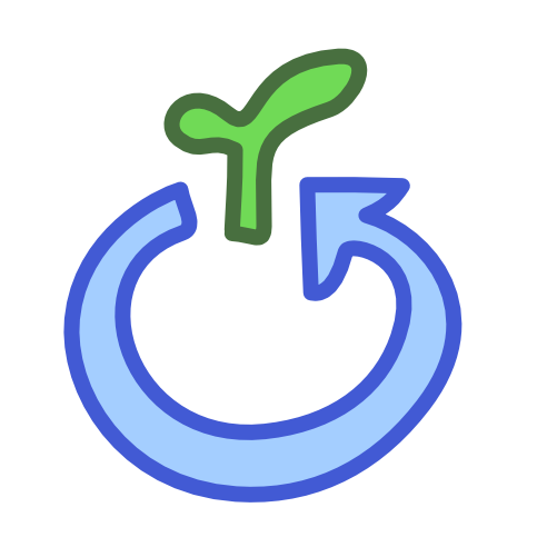 a little plant sprout with a blue arrow pointing to it. The arrow travels below the sprout in a circle starting in one side of the stem, ending to point at the other. 